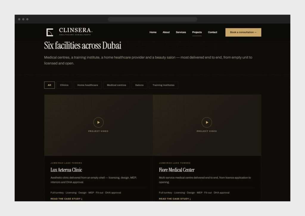 Clinsera projects page with facility filters