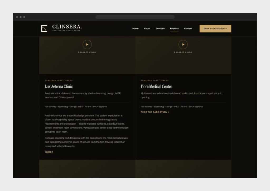 Clinsera case study expanded in place on the projects page